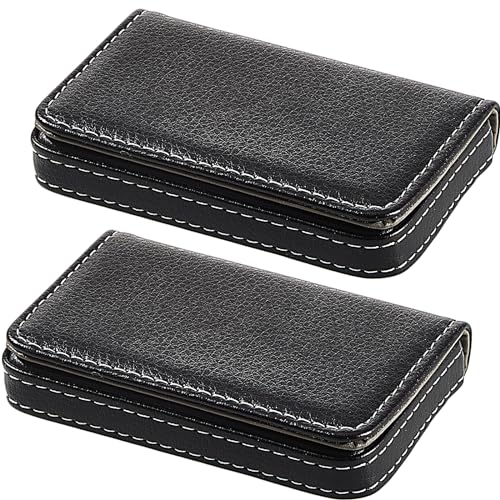Outus 2 Pcs Business Card Holder, PU Leather Business Card Case Pocket Wallet with Magnetic Shut for Valentines Gift Adult(Black) - color: Black