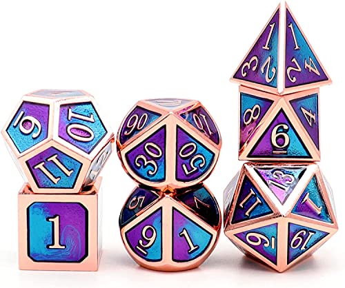 Haxtec Metal DND Dice Set, 7 Pcs Blue-Violet Polyhedral Dice for RPG | Copper DND Dice with Leather Bag, Compatible with Dungeons and Dragons, Heavy Metallic, Mermaid, D&D Gifts for Table Games - color: Copper Blue Purple