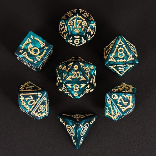 7-Die DND Dice Set Scary Pattern Polyhedral Dice Set with Leather Bag, Skull Dice D&D Dice Set for RPG Table Games.(Scary Pattern-Green) - color: Halloween Pattern-green
