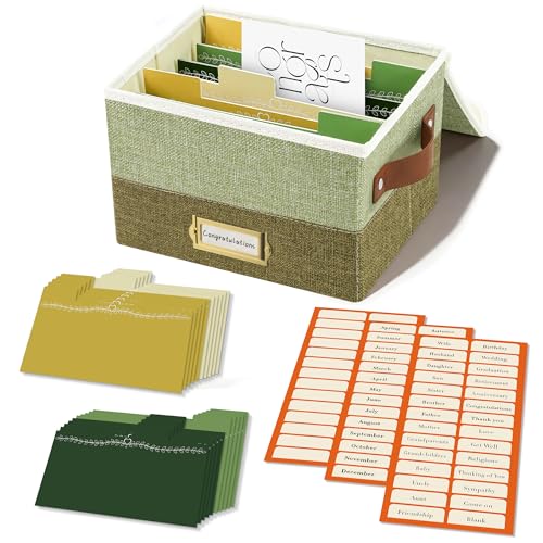 Vienrose Greeting Card Organizer Box, Foldable Storage Box with 20 Removable Dividers and 84 Self-Adhesive Labels, Card Box for Greeting Cards Photos Envelopes Stickers Postcards, Sage & Olive - color: Sage & Olive