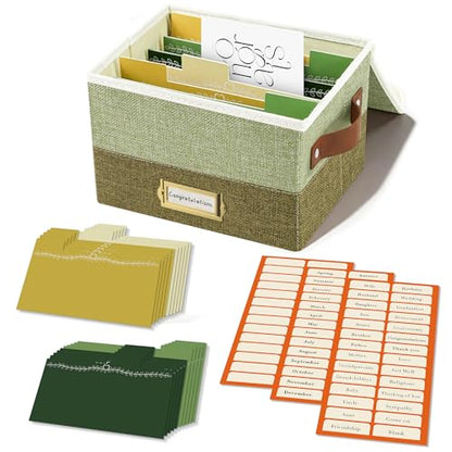 Vienrose Greeting Card Organizer Box, Foldable Storage Box with 20 Removable Dividers and 84 Self-Adhesive Labels, Card Box for Greeting Cards Photos Envelopes Stickers Postcards, Sage & Olive - color: Sage & Olive