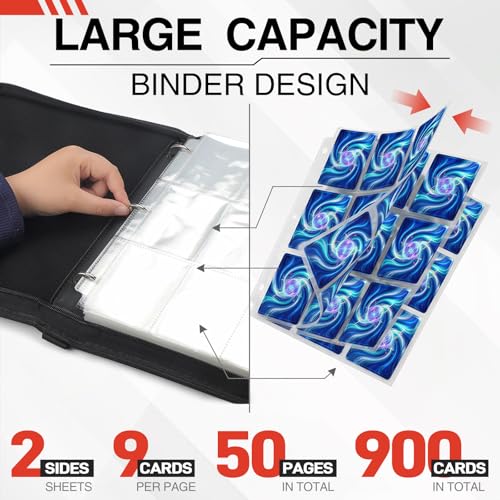 9 Pocket Trading Card Binder, 900 Cards Zip Album, Black | 50 Pcs Double Sided Sleeves, 3 Rings, Card Organizer for Baseball, Football, Basketball, Sports, Game Cards - color: Black