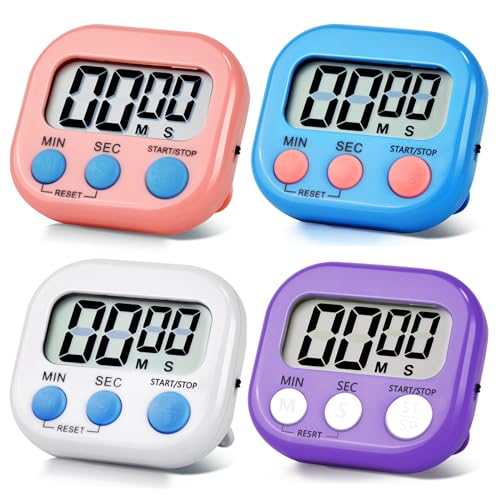 4 Pack Digital Kitchen Timer Magnetic Digital Timer with Big Display Loud Ring Cooking Timers for Cooking, Game, Gym, Break Time, Classroom(4, Pink, Blue, Purple, White) - color: Pink,blue,purple,white