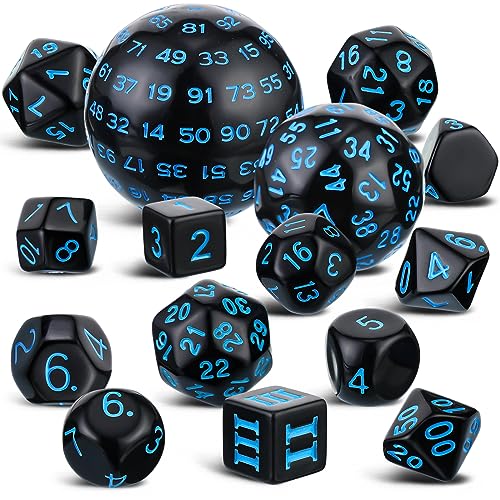 Civaner 15 Pcs Complete Polyhedral Dice Set D3-D100 Spherical RPG Dice Set in Opaque Black, 100 Sides for Role Playing Table Games Party Supplies(Black and Blue) - color: Black and Blue