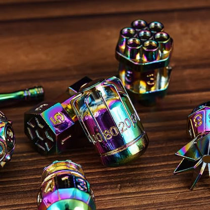 UDIXI Metal Dice Set D&D 7PCS RPG Polyhedral Metal DND Dice Set Rainbow | Bomb Shape, Solid Metal, Cool Design, Leather Pouch Pakaging, for Dungeons and Dragons Role Playing Games Tabletop Game - color: Colorful
