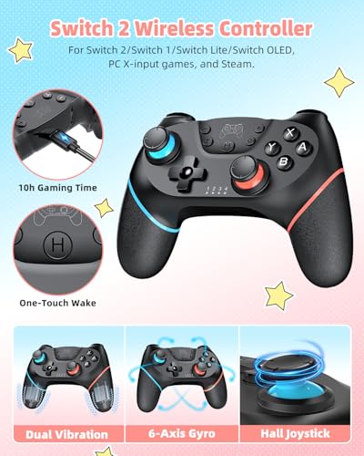 Switch 2 Accessories, Controller Bundle Case for Nintendo Switch 2 (2025), MENEEA 17-IN-1 Kits: Pro Controller, Carrying Case, Grips for Joy Con,Steering Wheels for Mario Kart,Protective Cover for Controller Console for Switch 2 (1* Black Controller) - co