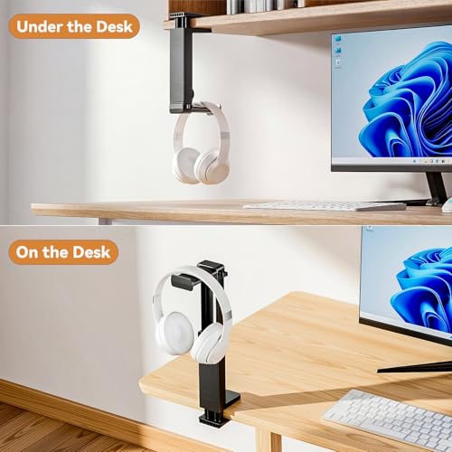 Headphone Stand & Hanger for Desk, 2 in 1 Above & Under Desk Gaming Headset Holder Mount with Height Adjustable & Rotating Clamp, Dual-sided Anti-slip Pad Earphone Rack with Clamp Headset Stand - size: 1 Hooks
