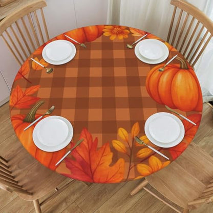 Famame Autumn Pumpkins Wreath on Plaid Round Fitted Tablecloth with Elastic Protector Table Kitchen Dinner Waterproof Oil-Proof Table Covers Fits 40"-44", Small - color: Autumn Pumpkins Wreath, size: Small (40"-44")