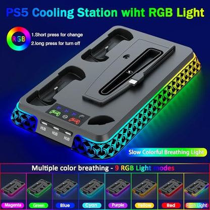 PS5/Slim/Pro Cooling Station for PlayStation 5 Console, PS 5 Cooling & Charging Station with RGB, PS 5 Controller Charger Incl. 3 Level Fan,Headset, PS5/Slim/Pro Accessories Comes 3 USB Ports - color: Y Style-Black