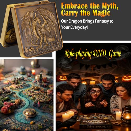 Metal DND Dice Set 7-in-1 D4-D20 3D Dragon Case Leather Bag Golden | 7 in 1 metal polyhedral dice. D4-D20 dnd spinner. 3D dragon case. Leather storage bag. Zinc alloy. DND RPG TTRPG gift. - color: Retro Golden