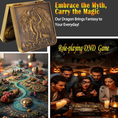 Metal DND Dice Set 7-in-1 D4-D20 3D Dragon Case Leather Bag Golden | 7 in 1 metal polyhedral dice. D4-D20 dnd spinner. 3D dragon case. Leather storage bag. Zinc alloy. DND RPG TTRPG gift. - color: Retro Golden