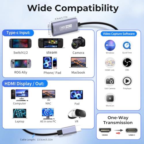 GUERMOK Video Capture Card, USB3.0 HDMI to USB-C Capture Device, 2K@30FPS | Stream & Record Gameplay at 1080P@60FPS, Compatible with Mac OS, Windows, Quest 3, OBS, Zoom, PS5/4, Switch, Xbox (Black) - color: silver black