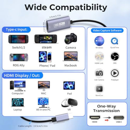 GUERMOK Video Capture Card, USB3.0 HDMI to USB-C Capture Device, 2K@30FPS | Stream & Record Gameplay at 1080P@60FPS, Compatible with Mac OS, Windows, Quest 3, OBS, Zoom, PS5/4, Switch, Xbox (Black) - color: silver black