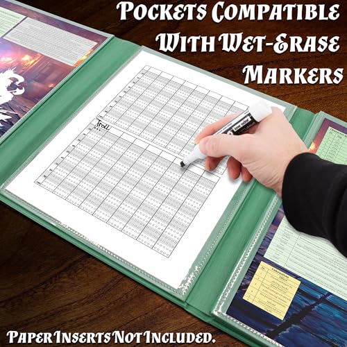 CASEMATIX DM Screen PU Leather 8-Panel Deluxe GM Screen - Eight Panel Folding Game Master Screen with 2 Swinging Panels and Wet Erase Pockets for TTRPGs - Green, Inserts Not Included, Green - color: Green
