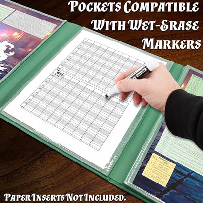 CASEMATIX DM Screen PU Leather 8-Panel Deluxe GM Screen - Eight Panel Folding Game Master Screen with 2 Swinging Panels and Wet Erase Pockets for TTRPGs - Green, Inserts Not Included, Green - color: Green