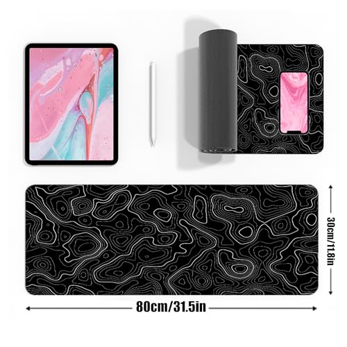 Topographic Gaming Mouse Pad Large Desk Mat,Black Mouse Pad Gaming Desk Pad,31.5 x 11.8 Keyboard Pad Minimalist Mouse Pads for Desk,Extended Mouse Mat Mousepad with Non-Slip Base and Stitched Edge - color: Black Topographic Contour