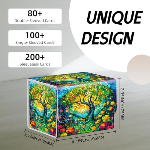 Trading Card Storage Box, Holds 100+ for MTG Cards, Premium PU Leather with Magnetic Closure, Stained Glass Tree And Flowers Durable Deck Box for Magic the Gathering, Trading Card Games - color: Stained Glass Tree And Flowers