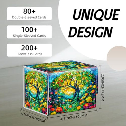 Trading Card Storage Box, Holds 100+ for MTG Cards, Premium PU Leather with Magnetic Closure, Stained Glass Tree And Flowers Durable Deck Box for Magic the Gathering, Trading Card Games - color: Stained Glass Tree And Flowers