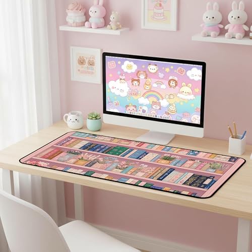 Cute Bookshelf Deskmat, Pink Desk Pad Mousepad XXL, Game Pad, Large Office Desk Keyboard Mat, Anti Slip Rubber Base and Sewn Edge Mouse Mat, Beautiful Reading Space Desktop Decor 31.5"X15.7" - color: Pink Bookshelf