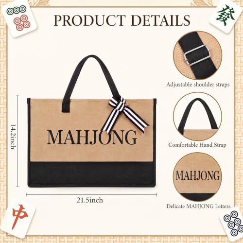 Aliceset 2 Pcs Empty Mahjong Bag for Tiles and Racks Mats Canvas Mahjong Themed Tote Bag and Zippered Pouch Mah Jong Gift Accessories Travel Mahj Storage Case Game Women Night Party Supplies