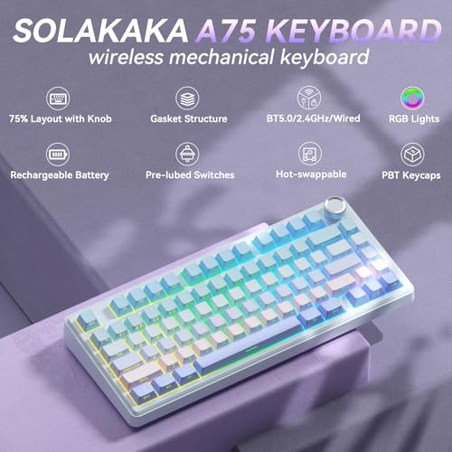 SOLAKAKA A75 Wireless Mechanical Keyboard, Hot Swappable Gaming Keyboard with RGB Backlit, Multifunction Knob, Gasket Mounted Creamy Keyboard, BT5.0/2.4GHz/USB-C, 75% Compact Layout for Win/Mac/PC - color: Gradient-BluePurple