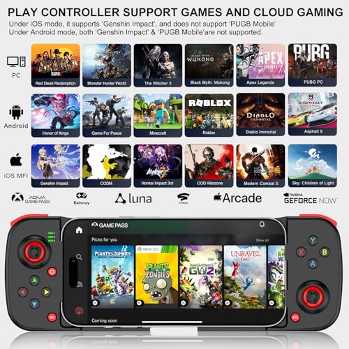 arVin Wireless Gaming Controller for iPhone/iPad/iOS/Android/Samsung/PC Gamepad Joystick with Back Button, Analog Triggers, Stretchable, Bluetooth 5.0 Low Latency, Direct Play for CODM,Diablo Immortal