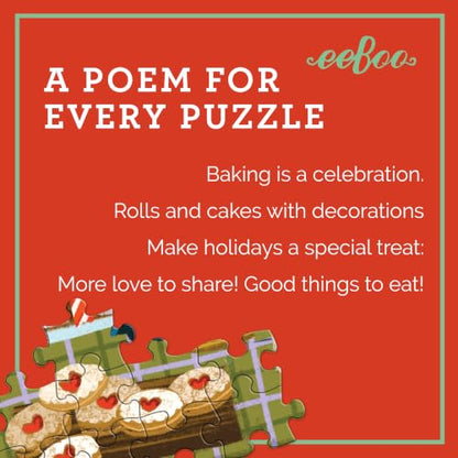 eeBoo Holiday Bakery 1000 Piece Square Jigsaw Puzzle, 23" x 23" | Double coated, sturdy & dust free pieces with a satisfying snap. Includes full color reference insert. Vibrant, original art - style: Holiday Bakery