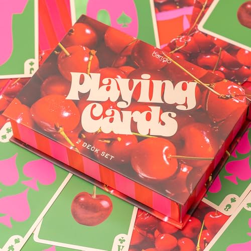 ban.do Set of 2 Decks of Playing Cards, Cherry & Stripes | Set of Two 52-Count Standard Card Decks with Storage Box, Cute Fruit Theme Playing Cards in Decorative Case