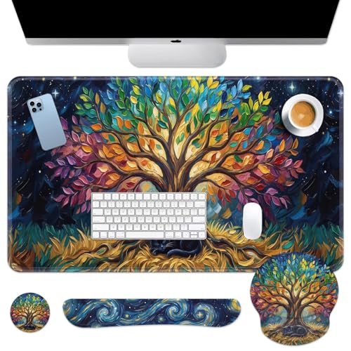 Arttown Keyboard Mouse Pad Set, 4 in 1 Desk Mat Set Cat Starry | Colorful Large Mousepad+Keyboard Wrist Rest+Mouse Wrist Rest+Coaster Ergonomic Design for Home Office Computer - color: Colorful Tree Cat