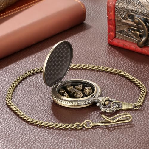 Mini DND Dice Set with Double Headed Dragon(Top Double-Sided Axe) Pocket Watch Case, 7-PCS Polyhedral Metal D&D Dice, DND Gifts with Gift Box, Role Playing Game Board Game Accessories Dice, Bronze - color: Bronze
