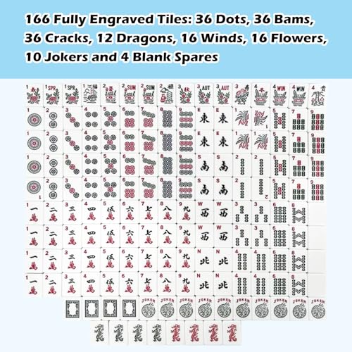 American Mahjong Tile Set with 166 Tiles, 1.2-Inch Mah Jongg Sets, Mahjong Gift Set with 3 Blue Dice and Mahjong Tile Bag, Complete Portable Game Set for Family, Travel, Parties