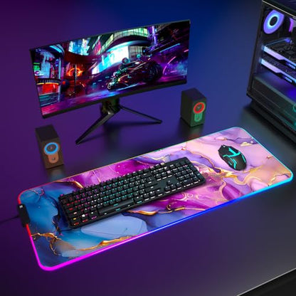 ITNRSIIET RGB Gaming Mouse Pad, Full Desk XL Extended Large Gaming Mousepad, 12 Lighting Modes 30% Thicker Big LED Desk Mat for Gamers, 32 x 12 inches, Blue Purple Pink Marble - color: Blue Purple Pink Marble