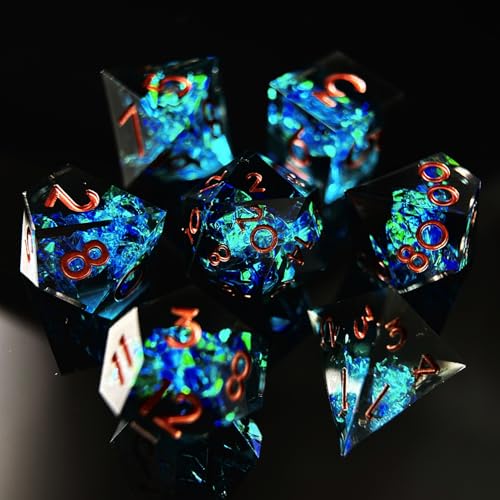 HAOMEJA 7pcs Sharp Edge Resin Dice Set, Handmade Polyhedral Dice with Glitter & Galaxy Effect Apply to DND, D&D, RPG, MTG Tabletop Games, Role Playing Game, Easter, Halloween Party Gift (Black & Blue) - color: T Black & Blue