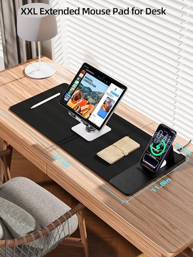 Mouse Pad with Magnetic Wireless Charging & Adjustable Phone Stand | 27.5"x11.8" Computer Keyboard Pad Mat with Anti-Slip Base & Stitched Edge, Easy Gliding, Spill-Resistant Surface, Black - color: Black-Magnetic Stand-27.5"x11.8"-Right