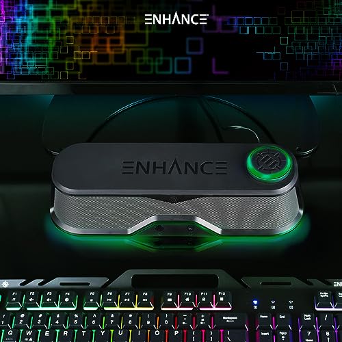 ENHANCE SB1 High Excursion Computer Soundbar - USB Powered Computer Speaker, Under Monitor Speaker with 10W Peak, LED Volume Control Knob, Headset Pass Through, Gaming Soundbar for PC - color: Green