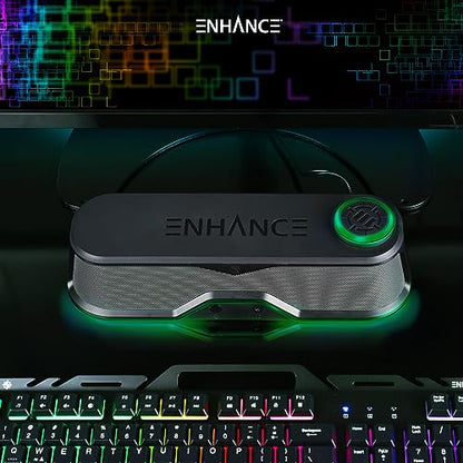 ENHANCE SB1 High Excursion Computer Soundbar - USB Powered Computer Speaker, Under Monitor Speaker with 10W Peak, LED Volume Control Knob, Headset Pass Through, Gaming Soundbar for PC - color: Green