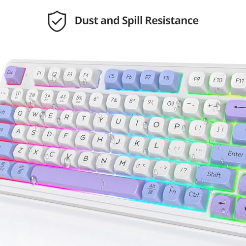 Fogruaden 96% Quiet Silent Wireless Gaming Keyboard with Number Pad & Knob, Mechanical Feel, Spill-Resistant, Multimedia Keys, Wired/BT/2.4G, USB Rechargeable Membrane Computer Keyboard for Win/Mac - color: WhitePurple