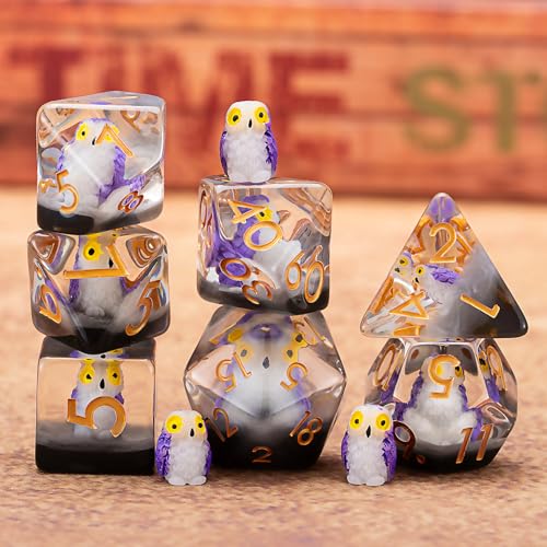 DND Owl Resin Dice Set, Animal Polyhedral Dice for Dungeons and Dragons, RPG, MTG D&D 7-DIE (D4, D6, D8, D10, D12, D20, D%) - color: Owl