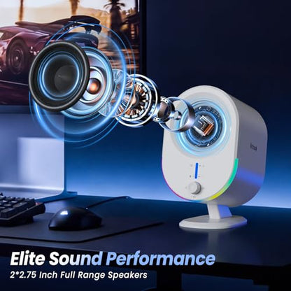 LITTOAK Bluetooth PC Gaming Speakers, 2 * 15W 2.0CH Stereo with 3 EQ & 6 RGB Modes, AC Powered Desktop Speakers with Aux/USB/Headphone Port for Laptop/TV, White