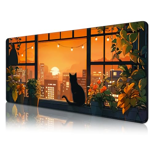FLY SPRAY® Gaming Mouse Pad for Computer,XXL Cute Cat Mousepad Laptop,Anime Mouse Mat,Extended Large Black Japanese Waterproof Keyboard Pads,Non-Slip Mouse Pads for Game Office Home（31.5 x 11.9 in） - color: Red Black Cat
