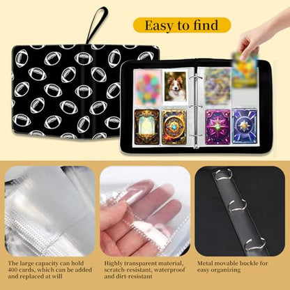 AXUASSILD 4 Pocket Card Binder, Premium Trading Card Holder Fits 400 Cards With 50 Removable Sleeves, Cute Portable Collection Card Ablum Holder Cute Black Football - color: Cute Black Football