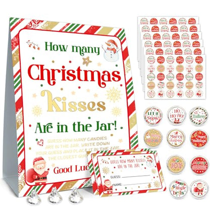 ALodr Guess How Many Christmas Kisses Game, How Many Kisses Standing Sign 50 Guessing Cards 180 Christmas Kisses Stickers, Christmas Games for Adults, How Many Kisses Christmas Game Set for Christmas - color: Christmas 01