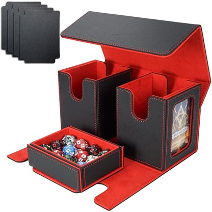 AFIING Mtg deck box with commander display- Fits 200 Double Sleeved Cards,3-in-1Card Deck Case,Strong Magnet Card Organizer For Magic Commander TCG CCG,4Dividers &2 Toploaders, Black/Red - color: Black Red