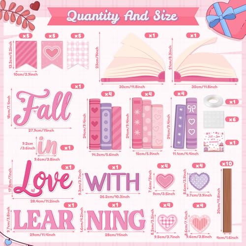 TICIAGA Pink Heart Book Learning Bulletin Board - 62Pcs Back to School Bookshelf Fall in Love with Learning Pink Heart Cutout Border Book Flag Banner for February School Library Classroom Wall Decor - style: Valentines