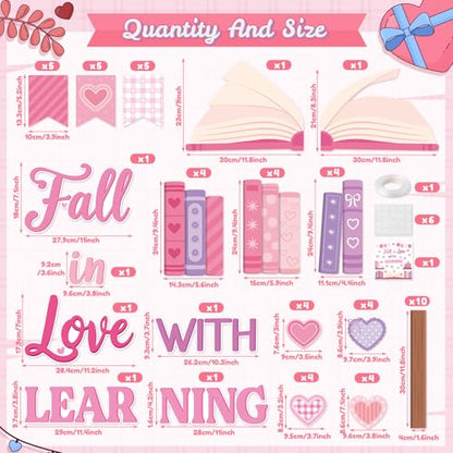 TICIAGA Pink Heart Book Learning Bulletin Board - 62Pcs Back to School Bookshelf Fall in Love with Learning Pink Heart Cutout Border Book Flag Banner for February School Library Classroom Wall Decor - style: Valentines