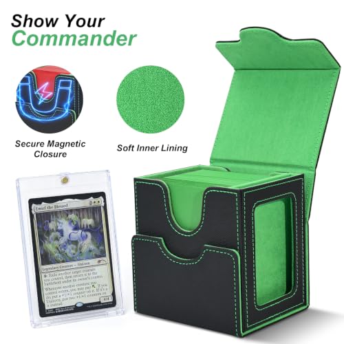 Commander Deck Box for MTG/PTCG/TCG - Patent Pending, Black Green | Card Deck Box with Display Fits 100+ Double-Sleeved Cards, Magnetic Trading Card Box with Dice Tray & 35PT Card Holder - color: Black Green