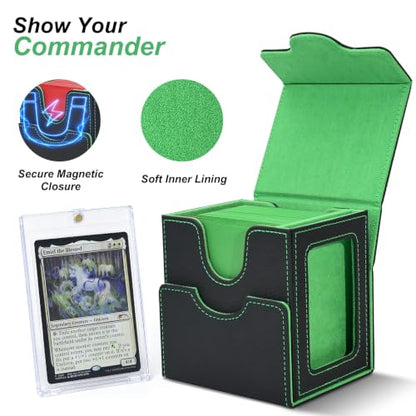 Commander Deck Box for MTG/PTCG/TCG - Patent Pending, Black Green | Card Deck Box with Display Fits 100+ Double-Sleeved Cards, Magnetic Trading Card Box with Dice Tray & 35PT Card Holder - color: Black Green