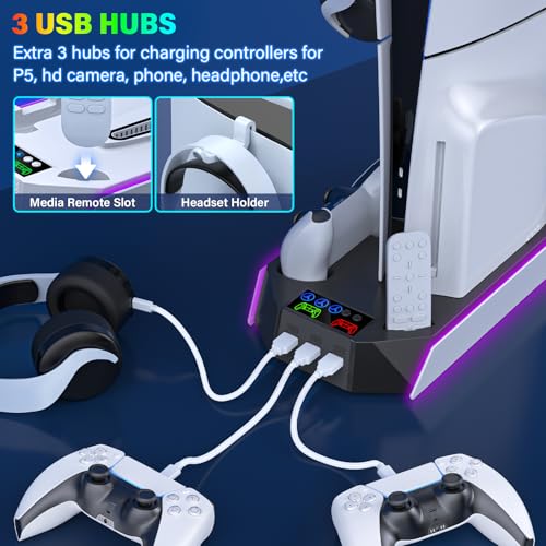 PS5/PS5-Slim-Cooling-Station-with-Controller-Charging-Station for PlayStation 5 Console Disc/Digital, LED Light Cooling Stand with Cooler Fan for PS5 Accessories with 3 USB Hubs/Headset Holder