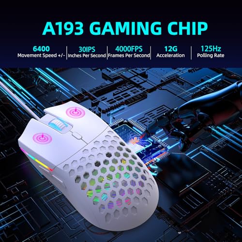 Zopsc Gaming Mouse, Wired RGB Backlit 6400DPI, Lightweight Ergonomic Mouse, Colorful Lighting for PC Gaming Office Work, S500 White - color: S500 White