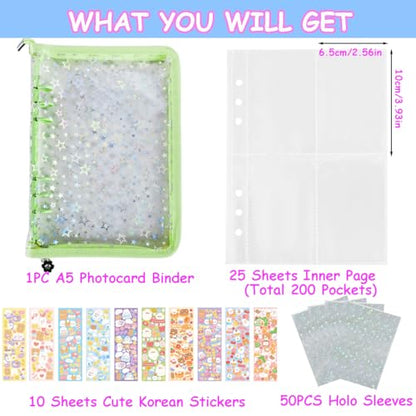 Kpop Photocard Binder with 6 Stickers Sheet & 50 Shinning Protective Sleeves Kpop Photocard Holder Book with Kpop Photocard, A5 Binder Photocard Album 30 Inner Pages with 240 Pockets (Green) - color: Green